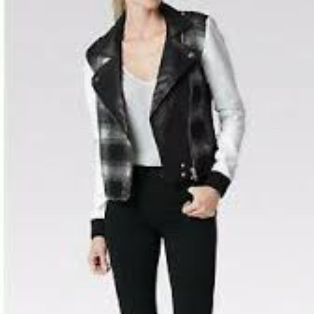 Paige shelly plaid lamb leather moto bomber jacket